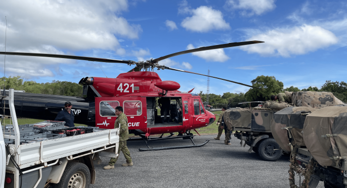 Salvos and army response vehicles and helicopter 